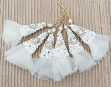 White Beaded Latkan In White Tissue Fabric and Zardozi Floral Embroidery, Indian Latkans, Blouse Latkan Sewing Latkans Bridal Tassels 1 Pair